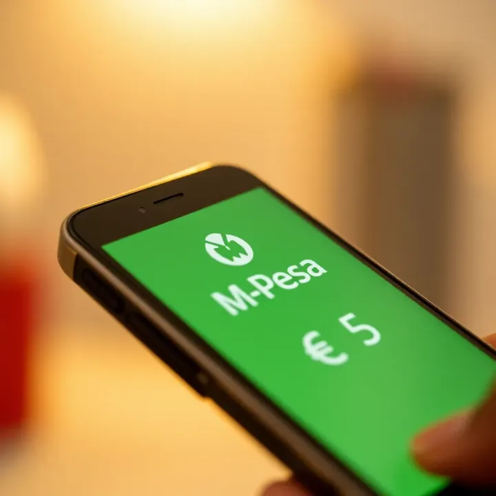 Mobile phone displaying M-Pesa app with Kenyan shilling currency symbols
