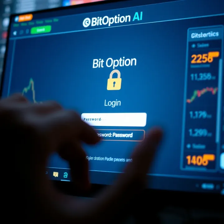 User interface showing secure login screen of BitOption AI platform with focus on password field and biometric options