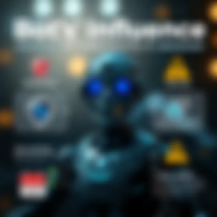 Graphic showing the impact of bots on cybersecurity and online ethics with symbols of protection and warning signs