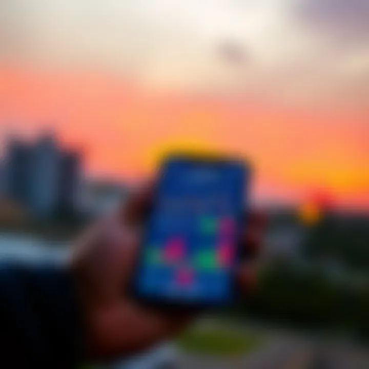 Mobile phone displaying a user-friendly trading app interface with charts and market data