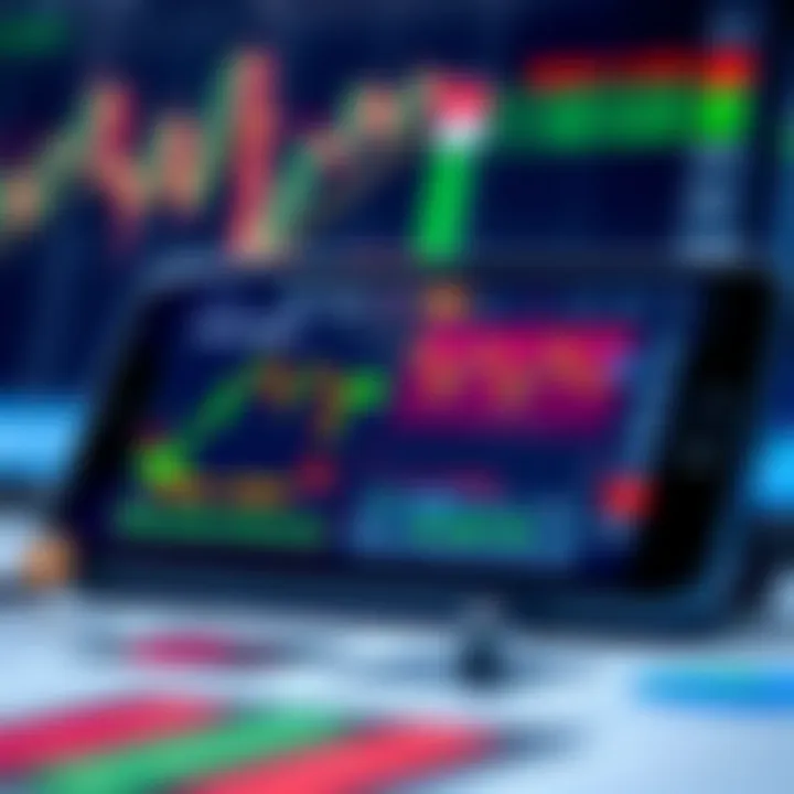 Mobile phone displaying various financial charts and trading options on a colorful app interface