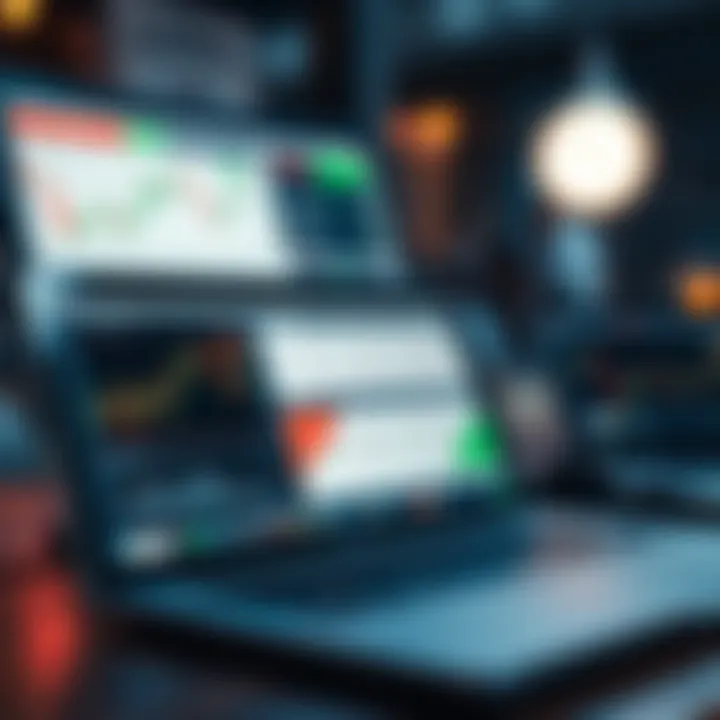 Graphic showing essential forex trading tools including a laptop with trading platform, charts, and risk management icons