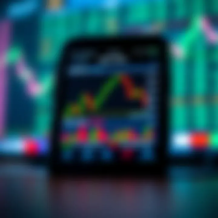 Forex Trading Platform on Mobile Device Mobile phone displaying forex trading app interface with currency charts and analysis tools