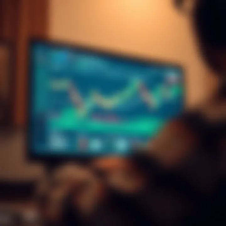 Close-up of computer screen showing trading platform with charts and analytics