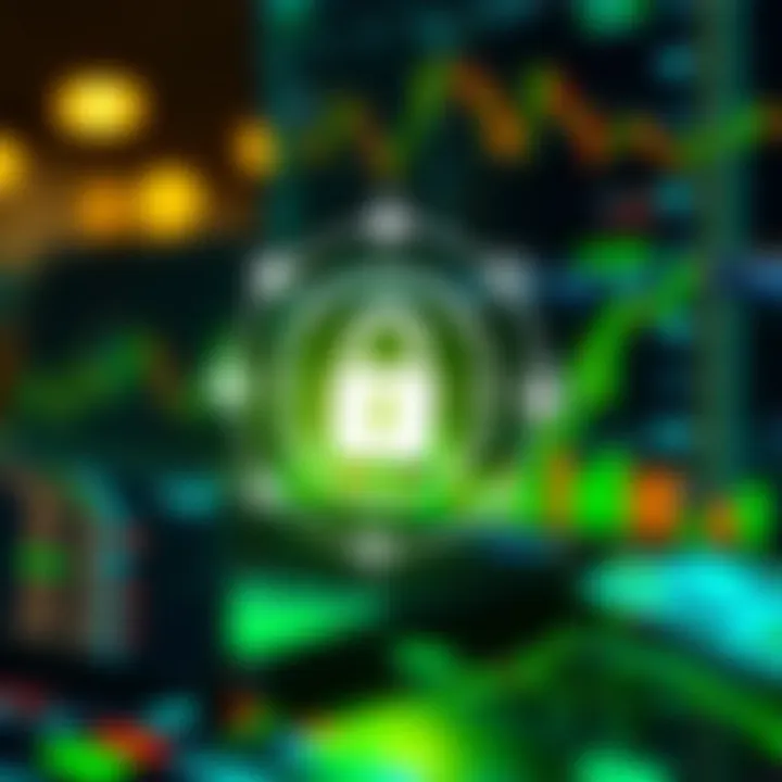 Digital representation of secure online trading with mobile money and encryption symbols