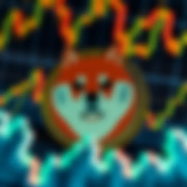 Illustration of Shiba Inu coin symbol surrounded by market trend lines and graphs