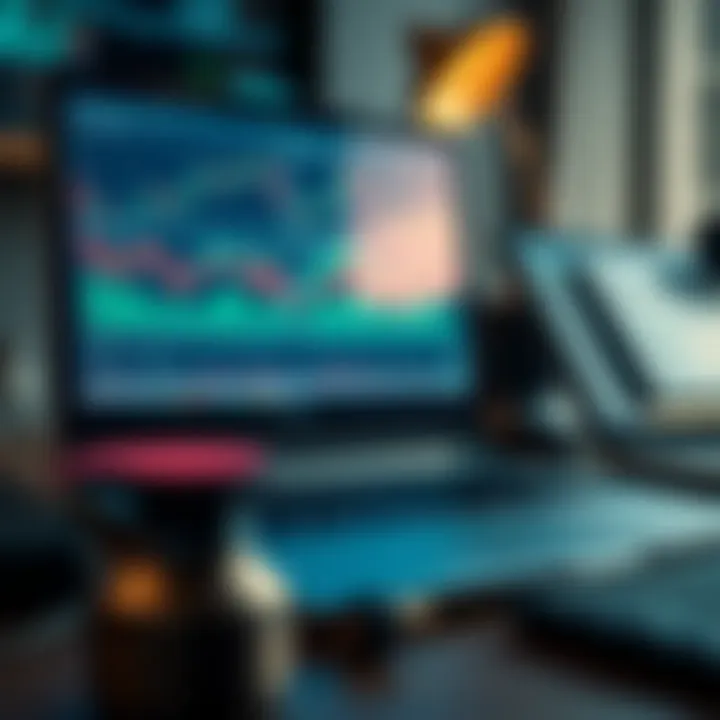 Close-up of a laptop screen with financial charts and a trader's workspace