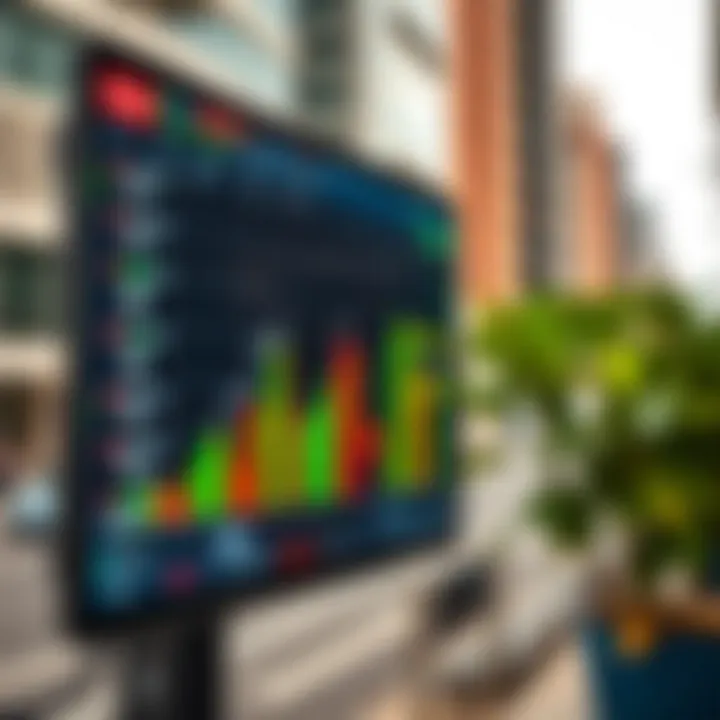 Graph showing upward trend on a digital trading platform in an urban setting