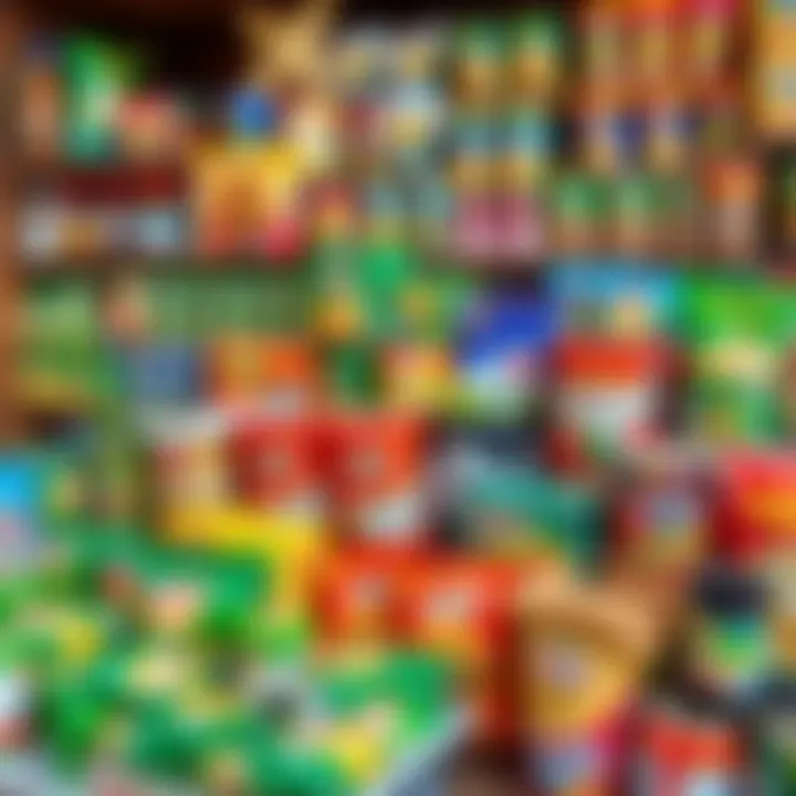 Colorful assortment of packaged goods displayed on shelves in a Kenyan market