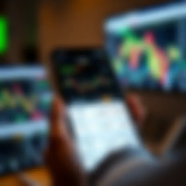 Mobile phone displaying a binary trading app interface with charts and trading options