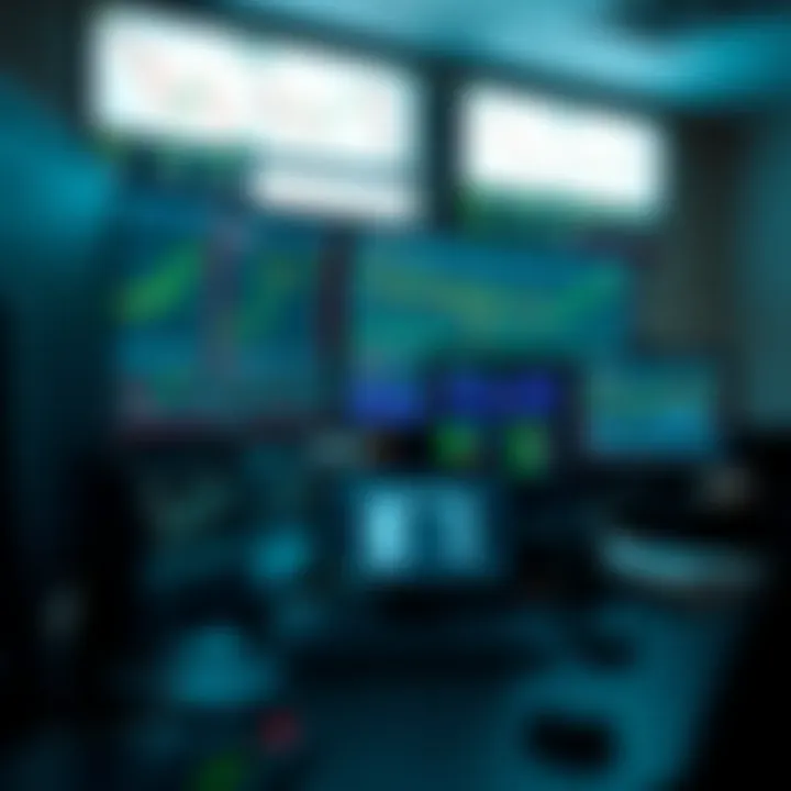 Trading Workstation Featuring Risk Management and Market Analysis Tools Trading workstation with multiple screens showing financial graphs and risk management tools