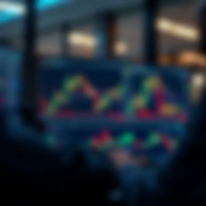 Digital interface displaying a simulated trading platform with graphs and charts reflecting market trends