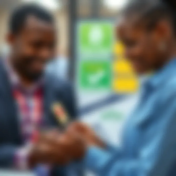 Mobile money agent assisting a customer with a digital transaction on a smartphone