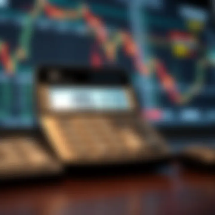 Calculator displaying pip value calculations alongside forex trading charts and risk management tools