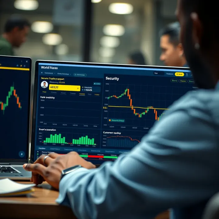 Secure online trading platform showing security features and customer support options