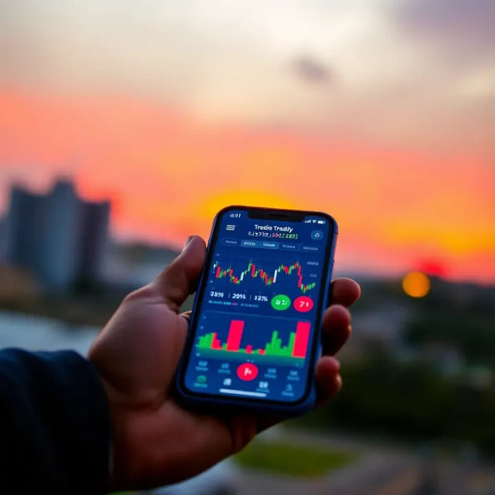 Mobile phone displaying a user-friendly trading app interface with charts and market data