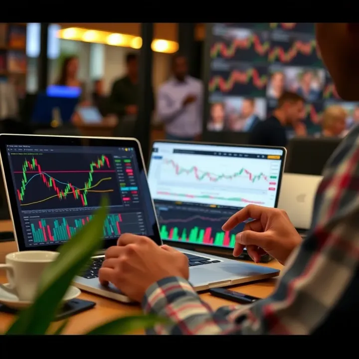 User comparing different trading platforms on a laptop with financial charts and graphs visible