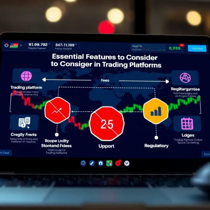 Illustration of key trading platform features including fees, usability, support, and regulatory compliance icons