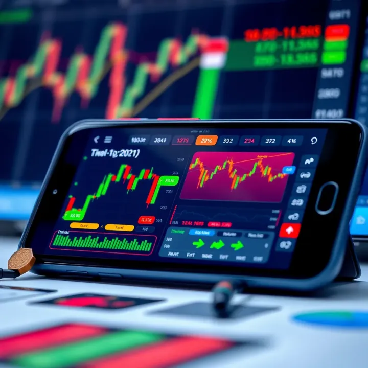 Mobile phone displaying various financial charts and trading options on a colorful app interface
