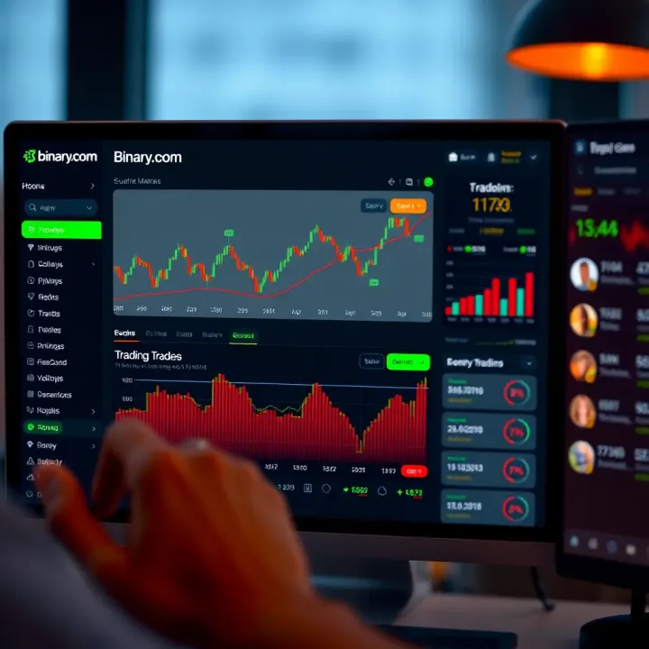 Dashboard interface of the Binary.com app displaying market trends and trading options