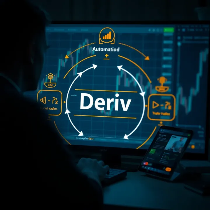 Conceptual diagram showing automated trading algorithms executing market orders on the Deriv platform