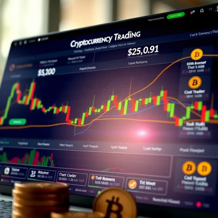 Diagram showing various cryptocurrency trading platforms with charts and digital currency icons