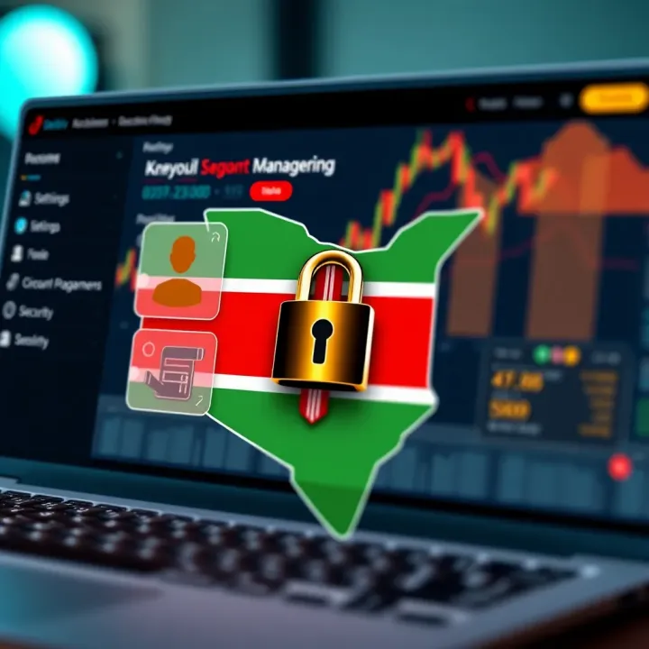 Account Management and Security for Deriv Users in Kenya Graphic showing account management icons including settings, security lock, and user profile with Kenyan map outline