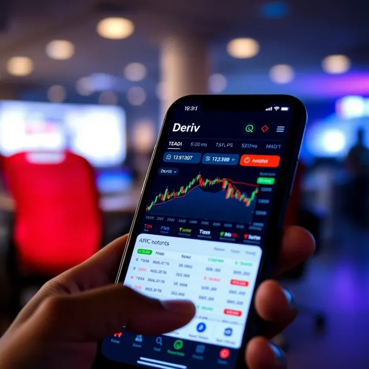 User interface of the Deriv app showcasing trading options and real-time market data on a mobile screen