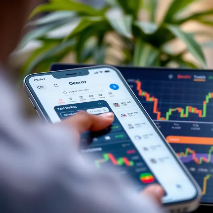 Screenshot of the Deriv app interface showing trading options and market charts