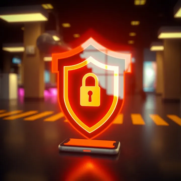 Illustration of a secure shield icon with a mobile device representing app security and user data protection
