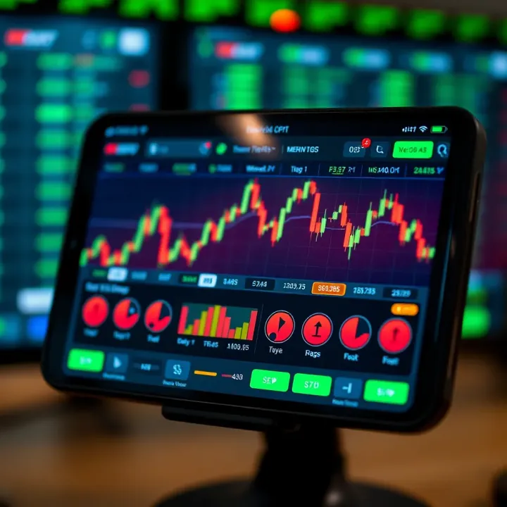 Mobile trading application interface showing forex market charts and trading options