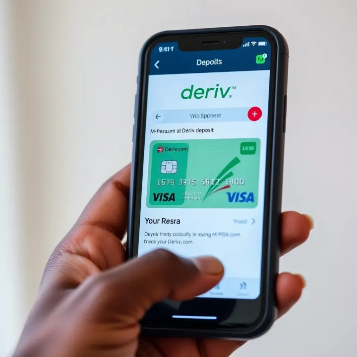 Mobile phone displaying M-Pesa app with Kenyan shilling deposit for Deriv.com account