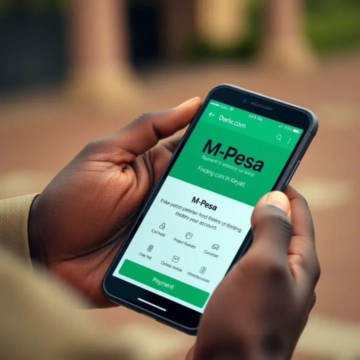 Kenyan mobile phone displaying M-Pesa payment option for funding Deriv.com account