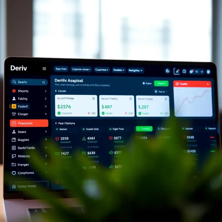 Deriv Account Management and Navigation Overview Dashboard view of Deriv trading platform with account management options and navigation menu