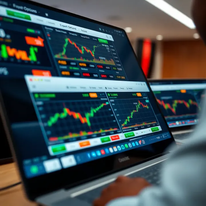 Trading interface of Expert Option showing various financial market options and trading tools