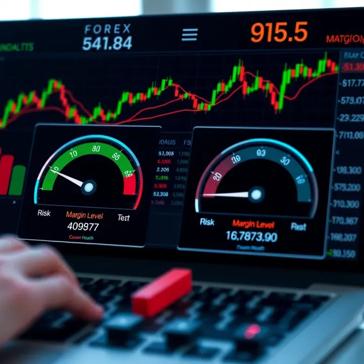 Forex Account Health and Risk Indicators Visual representation of account health with indicators for margin level and risk exposure in forex market