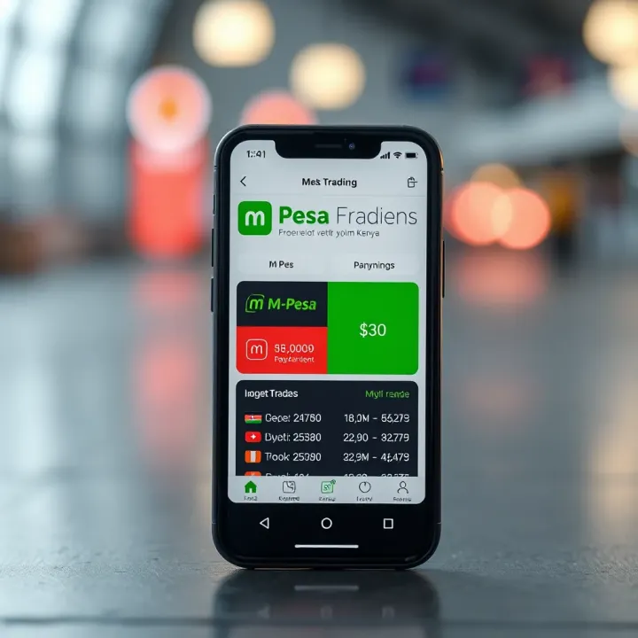 Mobile phone displaying forex trading app with M-Pesa payment option