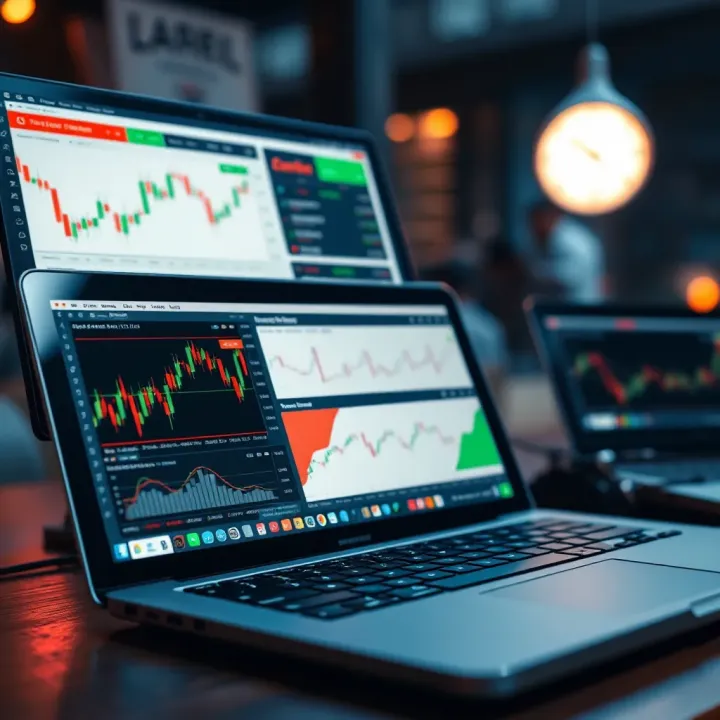 Graphic showing essential forex trading tools including a laptop with trading platform, charts, and risk management icons