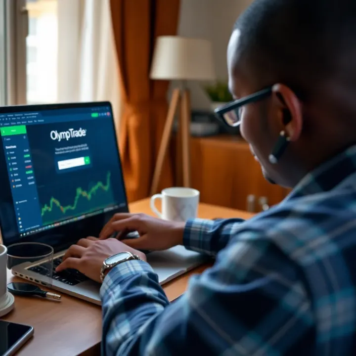 User logging into Olymp Trade platform from Kenya on a laptop with a clear digital interface