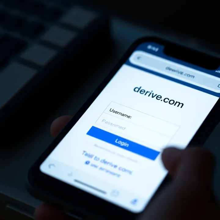 Login interface of www.derive.com displaying username and password fields on a mobile device