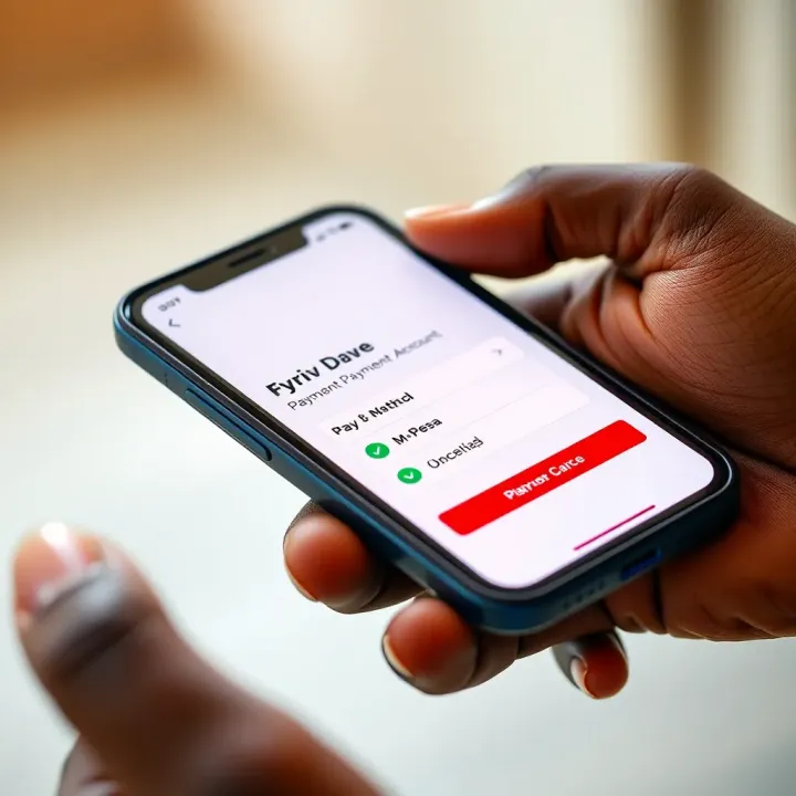 Mobile phone screen displaying M-Pesa payment method selection for funding Deriv.com account