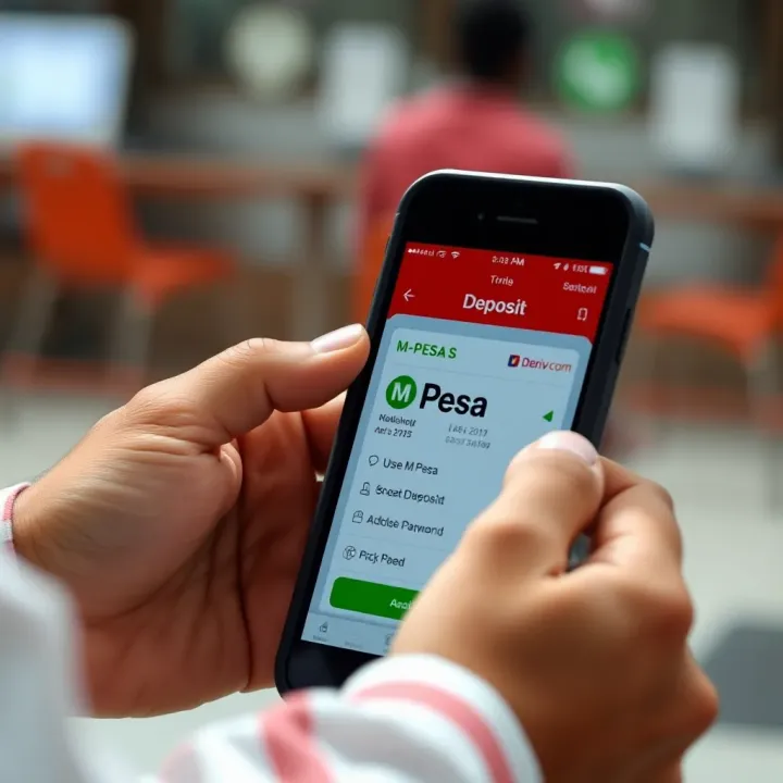 Mobile phone screen displaying M-Pesa payment option for online trading deposits