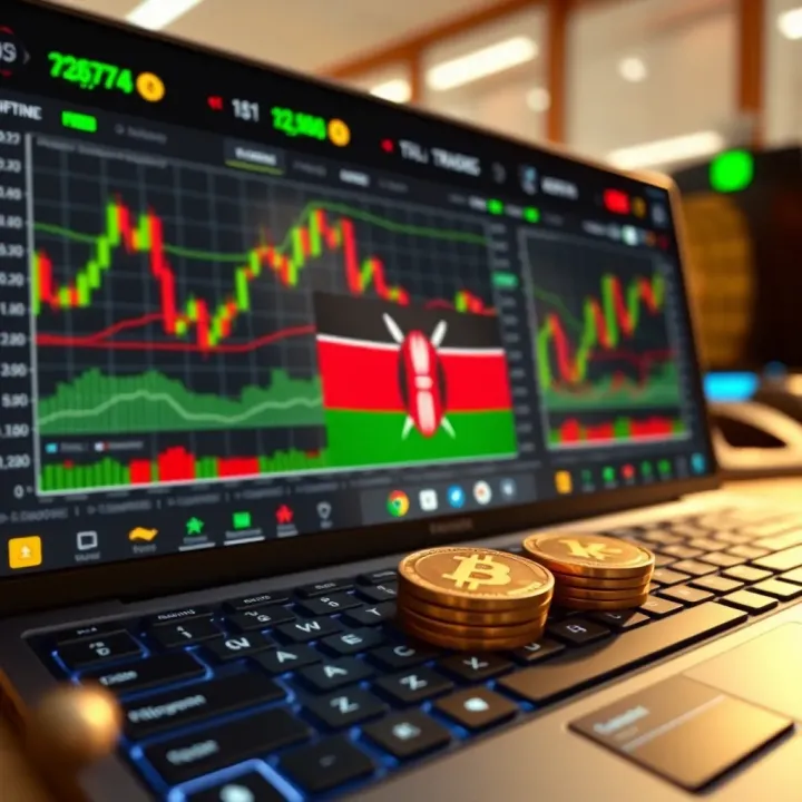 Digital representation of a cryptocurrency trading dashboard with charts and Kenyan flag colors