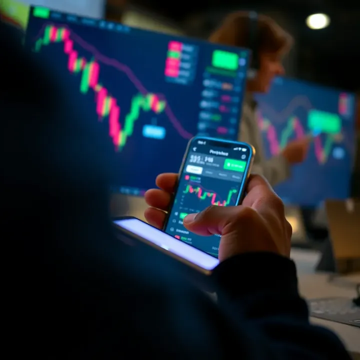 Person using a smartphone to conduct an online transaction on a trading platform