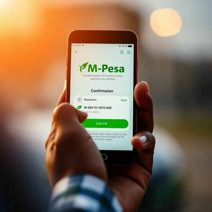 Mobile phone screen displaying M-Pesa mobile money transaction confirmation