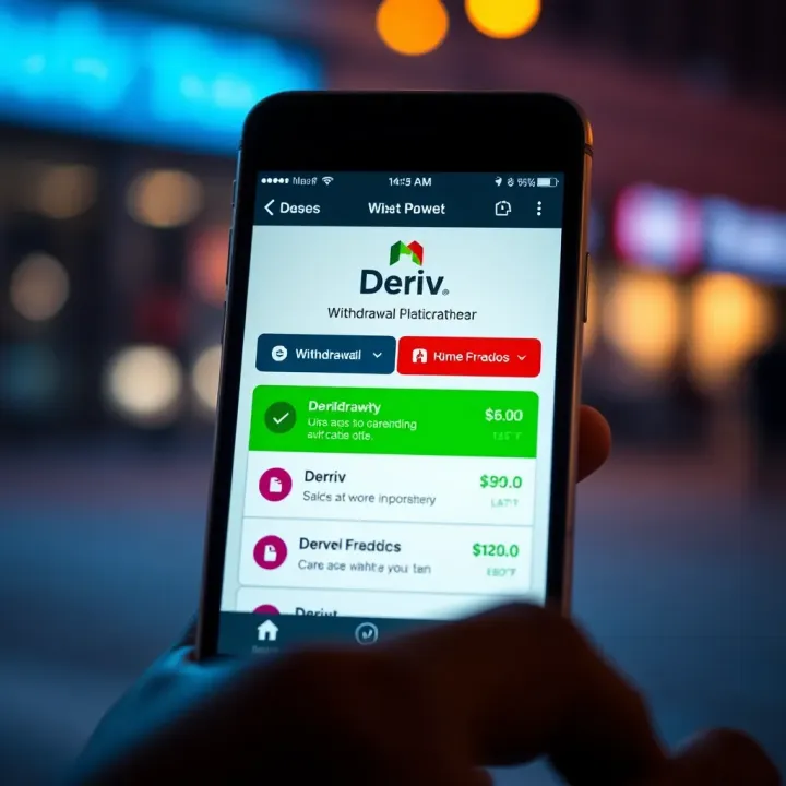 Mobile phone screen showing the Deriv trading platform with withdrawal options highlighted
