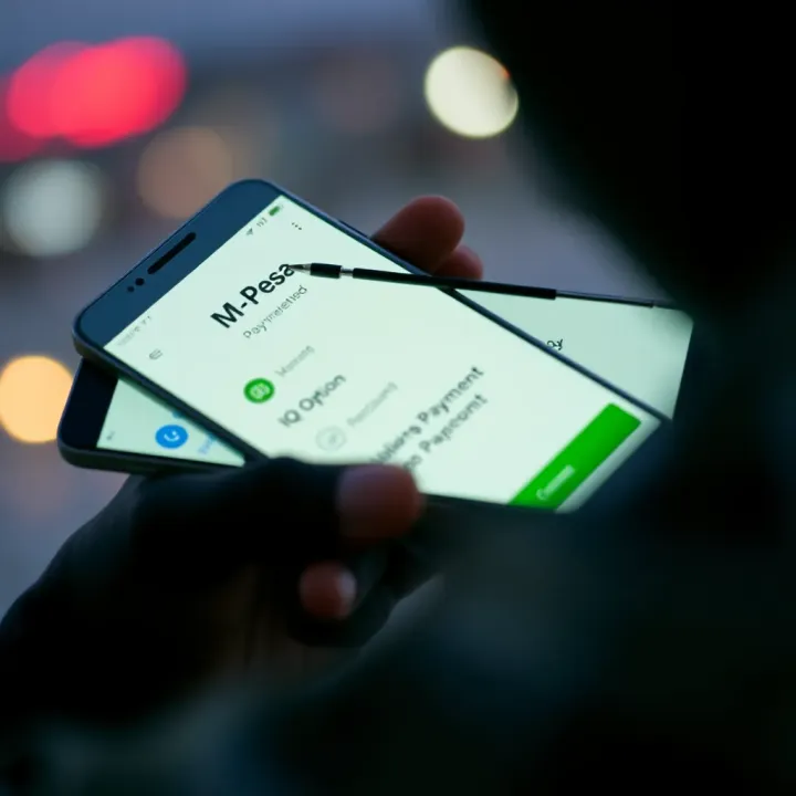Mobile phone screen showing M-Pesa payment option for funding IQ Option account securely in Kenya