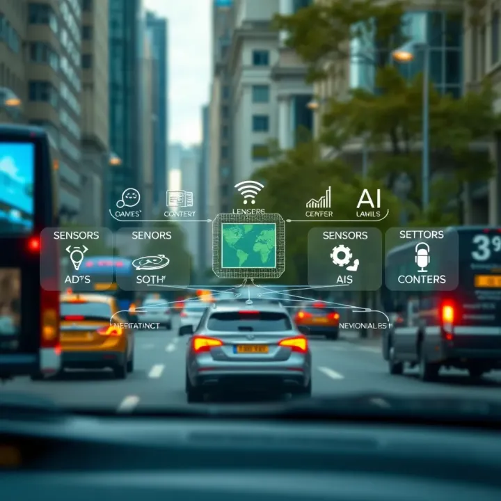 Automated Navigation Technology in Urban Environments Diagram showing the integration of sensors and AI in an automated navigation system guiding a vehicle through an urban environment
