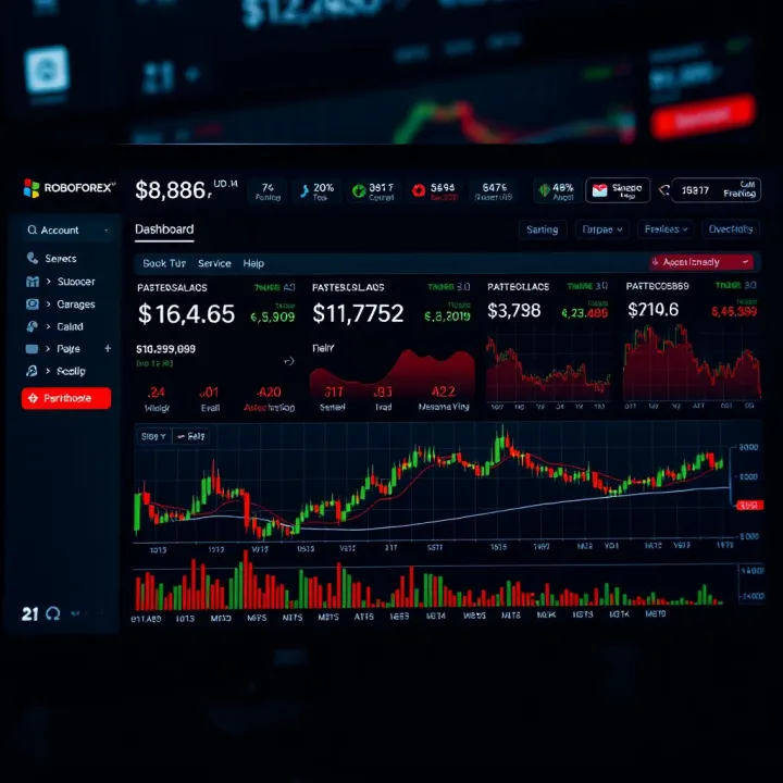 Dashboard overview displaying account balance and trading performance within RoboForex members area