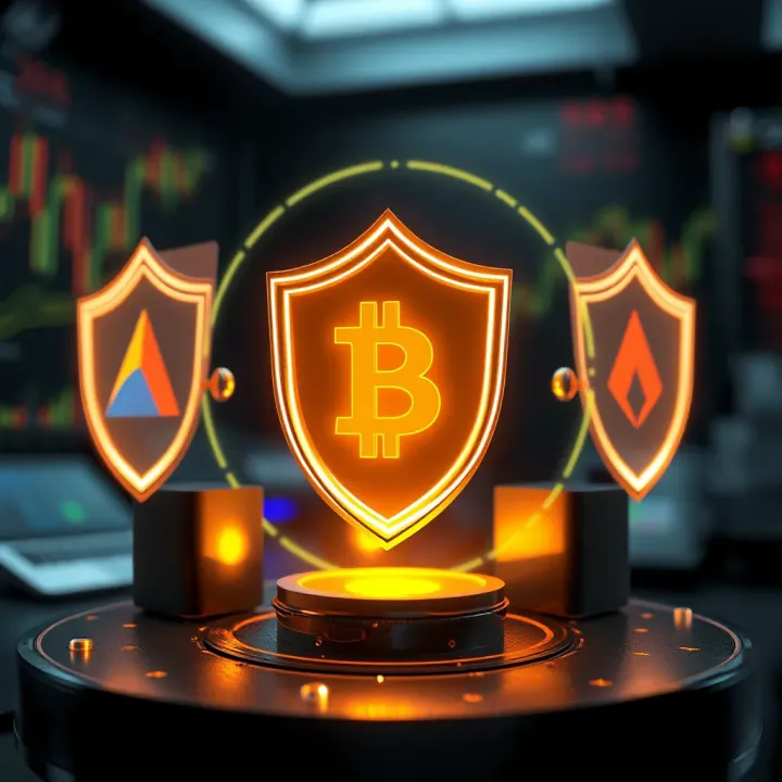 Conceptual graphic showing risk management strategies and protection shields around digital assets